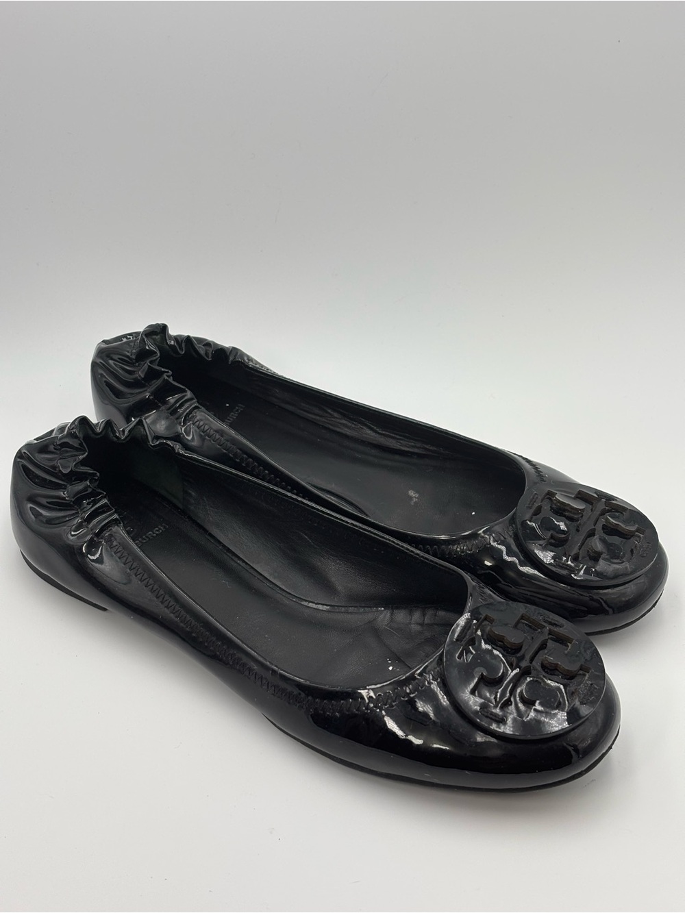 Tory Burch Black Patent Leather Logo Ballet Flats Size 7.5/8